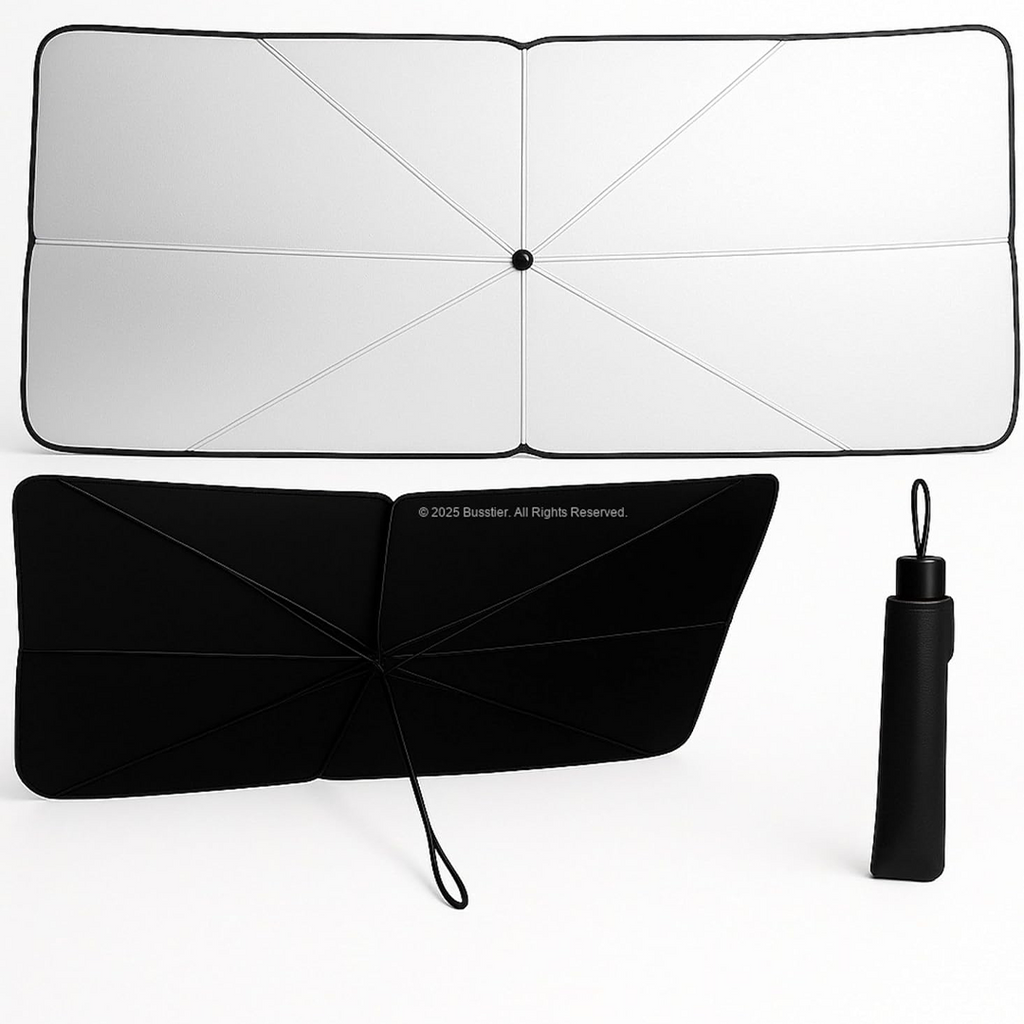 Busstier Katlanabilir Şemsiye Tipi Araba Ön Cam Güneşliği 130 x 80 cm Araçlarla Uyumlu, Taşınabilir ve Kolay Kurulumlu